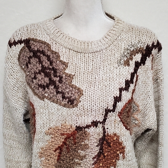VINTAGE 90s Cabin Creek Beaded Autumn Leaf Loose Knit Textured Pull-over Sweater - Picture 5 of 14